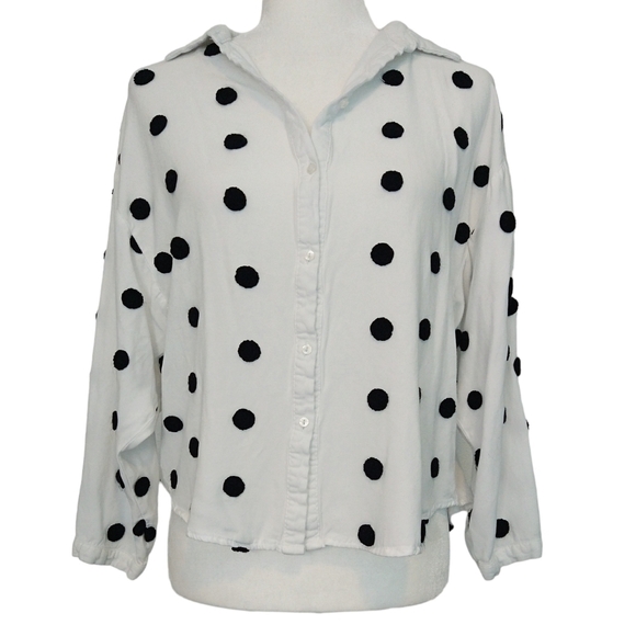 Zara White Black Polka Dot Embroidered Long Sleeve Button-Up Shirt Modern Boxy - Picture 1 of 9